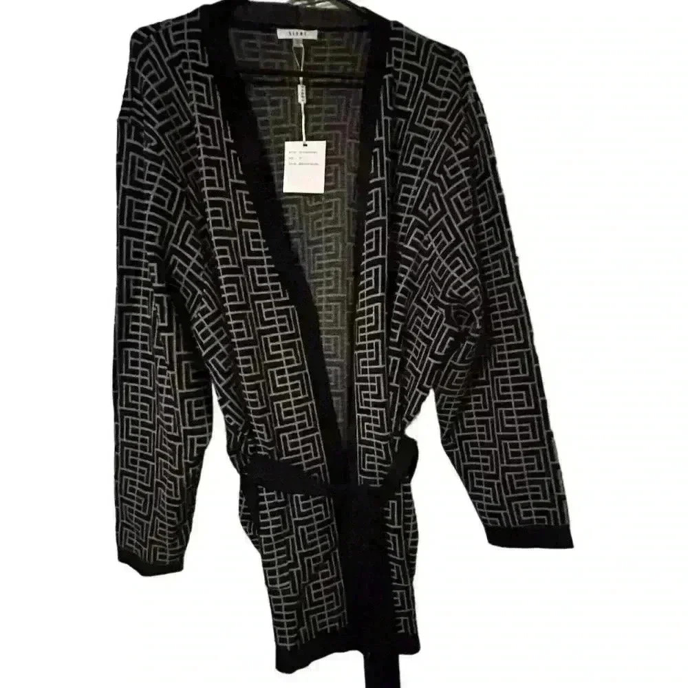 Sioni‎ Women's 2XL Black Geometric Open Belted Long Cardigan Sweater NWT